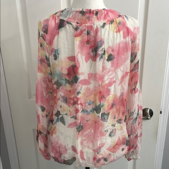 Floral Pink & Cream Blouse 100% Silk Lined Long Sleeve Round Neckline Size S - Picture 5 of 8